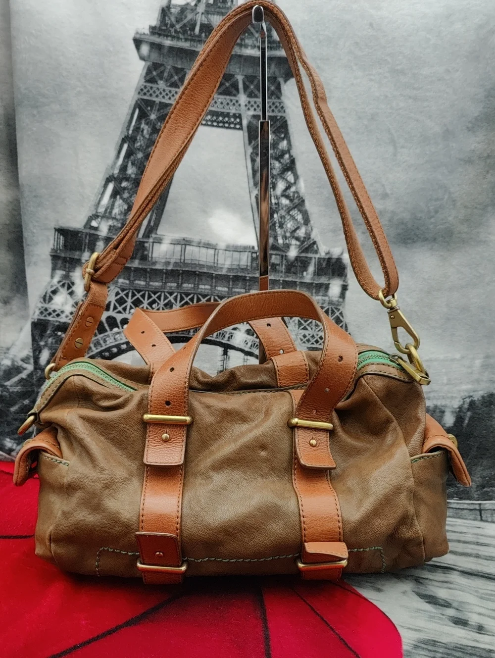 Fossil Mason Satchel Olive Green & Brown Y2k